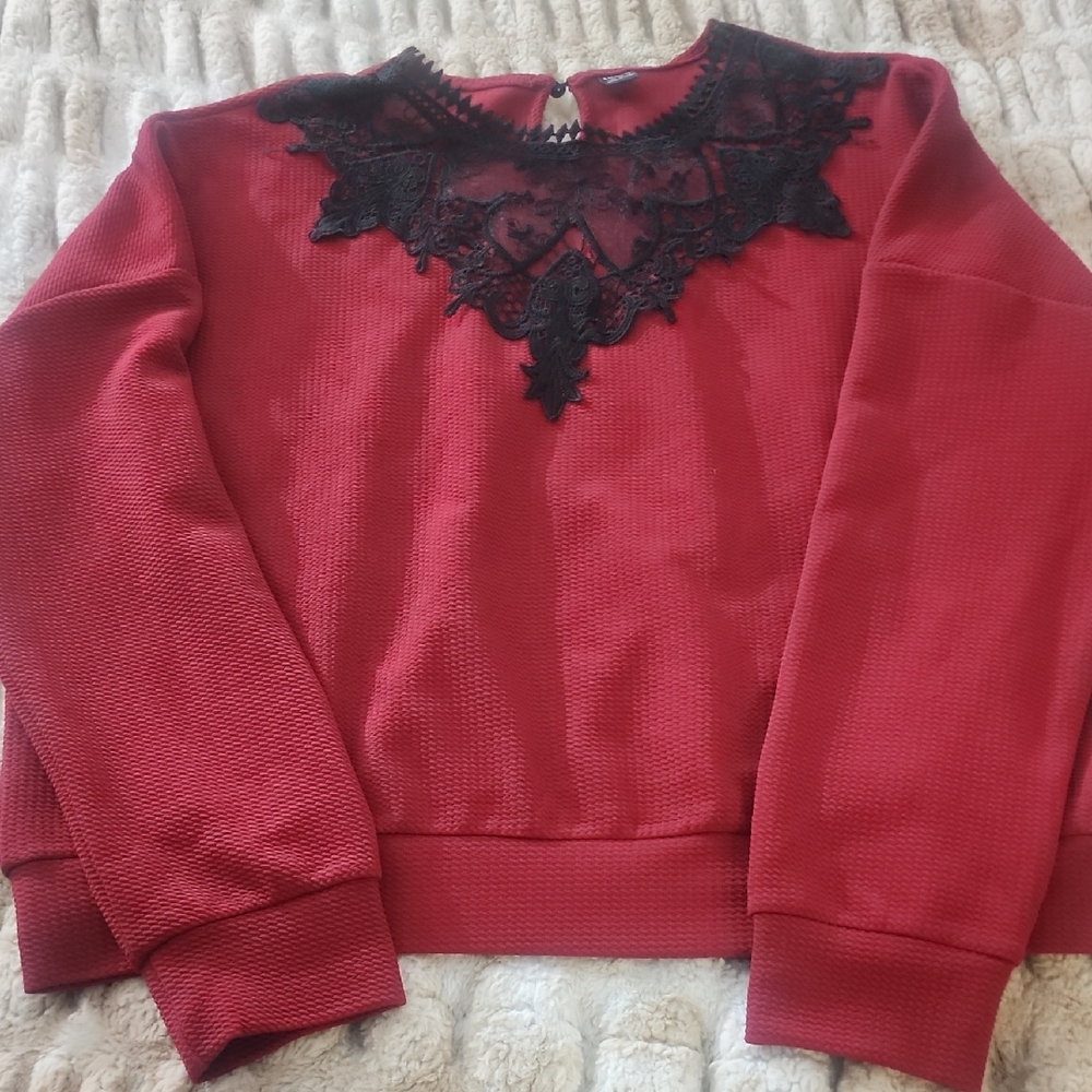 SHEIN Red Top with Black Lace Trim